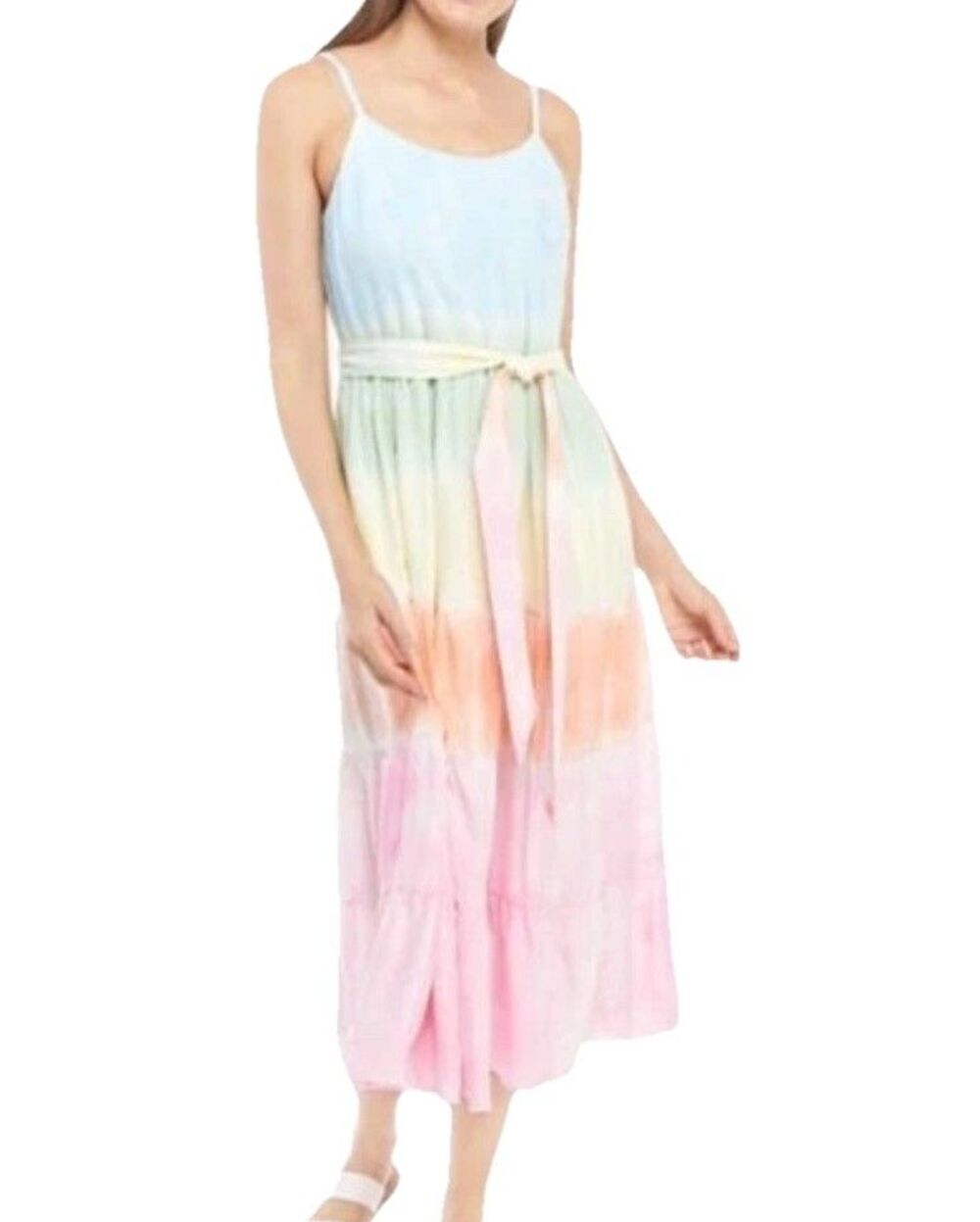 Crown & Ivy Tie Dye Rainbow Bold Hues Tiered Maxi Dress Multicolor Size 8